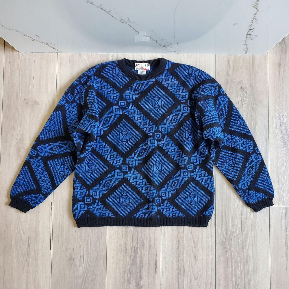 Colors By Brooks Sweater Small Blue Wool Geometric Knit 80s Pullover Italy Made